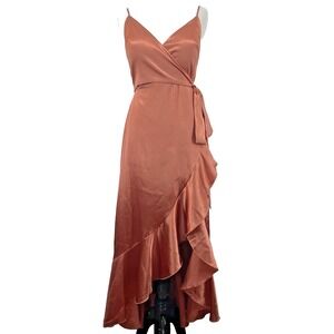 Birdy Grey Size S Satin Ruffle Dress Faux Wrap Evening Event Terracotta Orange